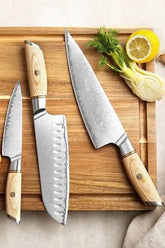Blissful Edge Series 3pcs Damascus Steel Chef, Santoku And Utility Knife Set